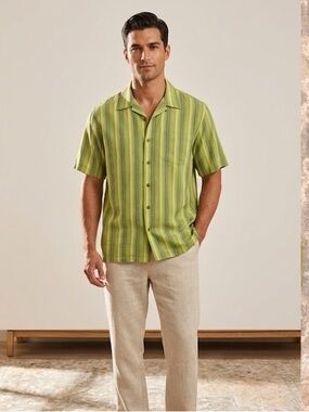Tommy Bahama Pale Green and Teal Striped Silk Camp Shirt